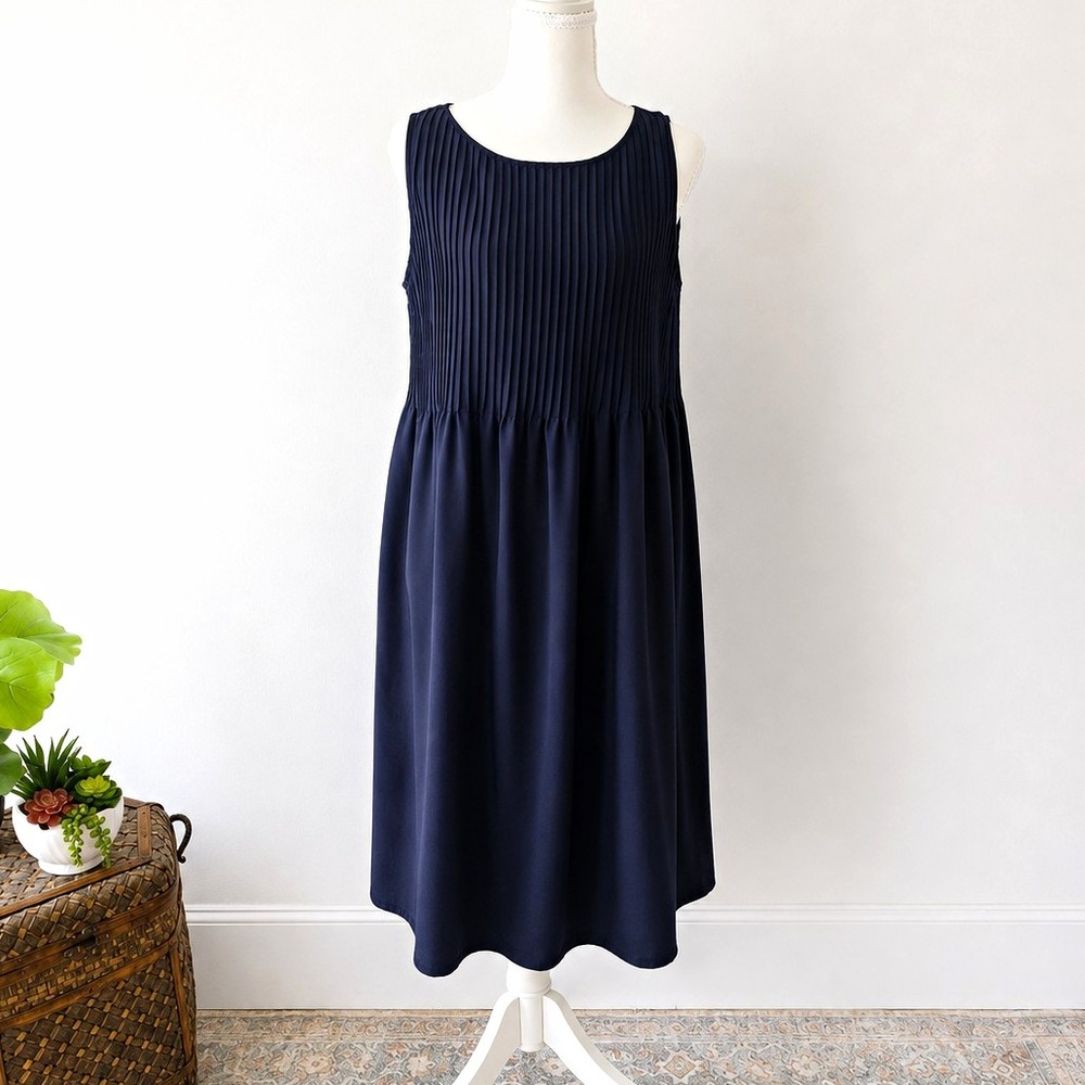 Eileen Fisher Women's S 100% Silk Pleated Sleeveless Dress Navy Blue A-Line